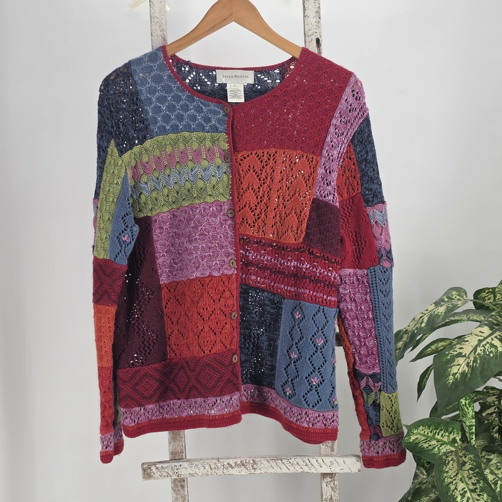 Susan Bristol Vintage Y2K Hand Embroider Sweater Cardigan Patchwork Hippie Sz L